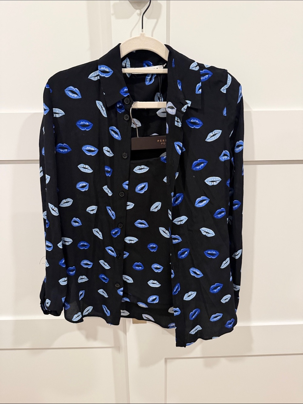 Zara Black Button-Down Shirt with Blue Lip Print